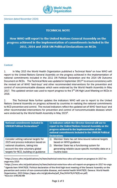 Technical Note: How WHO will report to the United Nations General Assembly on the progress achieved in the implementation of commitments included in the 2011, 2014 and 2018 UN Political Declarations on NCDs
