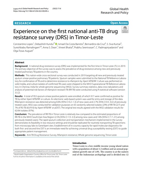 Experience on the first national anti-TB drug resistance survey (DRS) in Timor-Leste